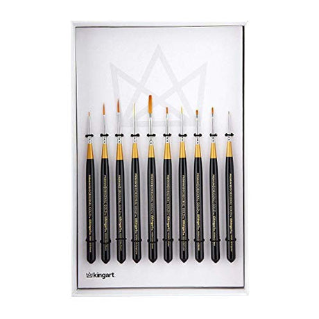 KINGART Original Gold Miniature Detail Series, Comfort Handle, Premium Golden Taklon, Multimedia Artist Brushes, Gift Box, Set of 10, Acrylic Handle, KINGART