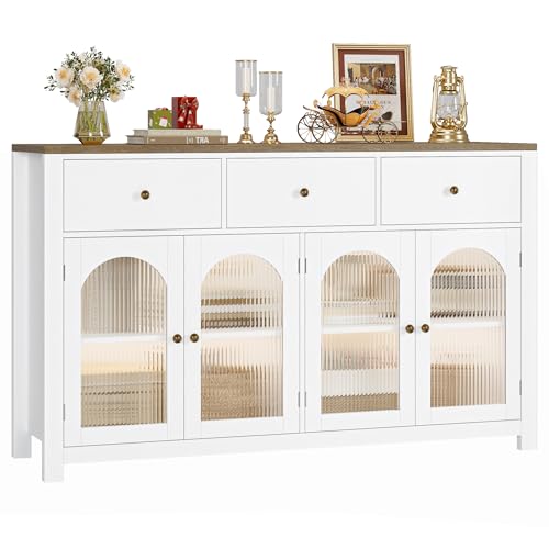 finetones Buffet Cabinet with Storage, 55.1" Large Sideboard Buffet Cabinet, Farmhouse Kitchen Cabinet Display Cabinet with 3 Drawers and 4 Doors,