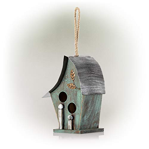 Alpine Corporation YEN134HH-TUR Wooden Birdhouse Outdoor Decor for Garden, Patio, Deck, Porch, 8"L x 6"W x 12"H with Rope: 21”H, Turquoise Alpine Corporation