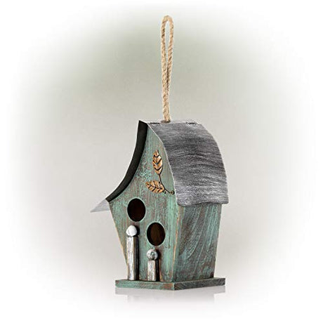 Alpine Corporation YEN134HH-TUR Wooden Birdhouse Outdoor Decor for Garden, Patio, Deck, Porch, 8"L x 6"W x 12"H with Rope: 21”H, Turquoise Alpine Corporation