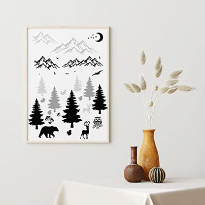 22pcs Forest Wildlife Animal Stencils, Bear Wolf Deer Pine Tree Stencils Template Reusable Mountain Panda Winter Wood Burning Stencils for Painting
