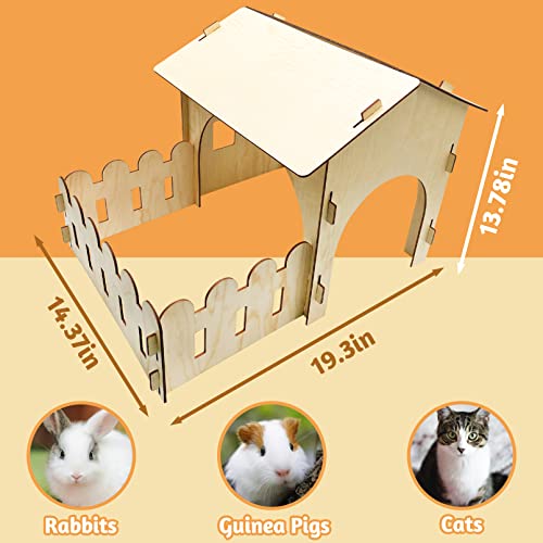 Fhiny Wooden Rabbit Castle Hideout with Fence, Small Animal Rest and Play House Hideaway with Window Detachable Rabbit Bed Hut Bunny Castle for - WoodArtSupply