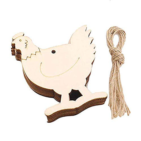 JANOU 20pcs Hen Shaped Wood DIY Craft Cutouts Chicken Unfinished Wood Gift Tags Ornaments with Ropes for Wedding Birthday Happy Easter Party JANOU