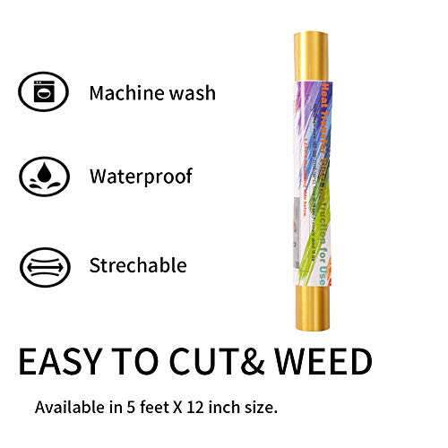 Gold Htv Vinyl Gold Iron Heat Transfer Vinyl Gold Rolls HTV Vinyl 12 Inch x 5 Feet Iron On Vinyl for T-Shirts Totes and Bags, Easy to Cut & Weed for KEGUMINGX