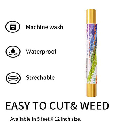 Gold Htv Vinyl Gold Iron Heat Transfer Vinyl Gold Rolls HTV Vinyl 12 Inch x 5 Feet Iron On Vinyl for T-Shirts Totes and Bags, Easy to Cut & Weed for KEGUMINGX