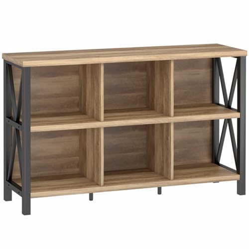 FATORRI Rustic Oak 6-Cube Storage Organizer – Industrial Horizontal Bookshelf with Durable Metal Frame FATORRI