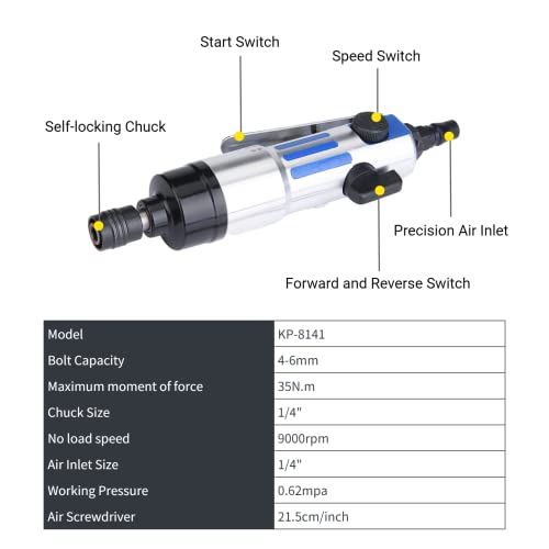 Pneumatic Screwdriver, 1/4" Air Straight Pneumatic Screwdriver with Screwdriver Bit and Hook, 9000rpm Air Screwdriver Mini Power Tool Screw Driver Jectse