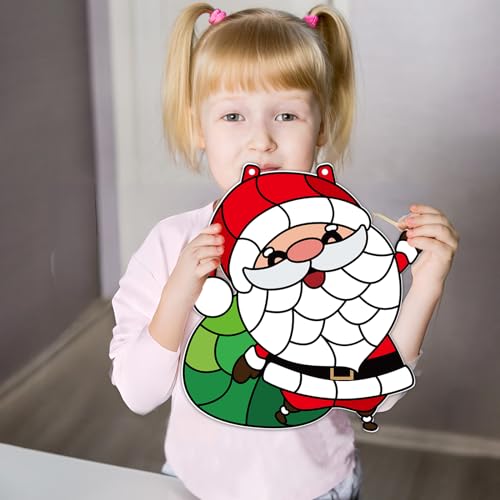 Christmas Santa Craft Kits for Kids Holiday Xmas Suncatcher Sticker Glass Made Easy Activity Kit Decorations for Santa Clause Sun Catcher Kits Girls