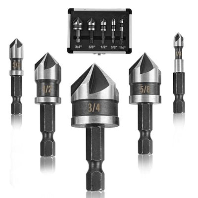 KENDO 5PCS Countersink Drill Bit Set, High Speed Steel Countersink Bits, 82 Degree 5 Flute Pieces, 1/4 Inch Hex Shank, Fit for Sink Holes into