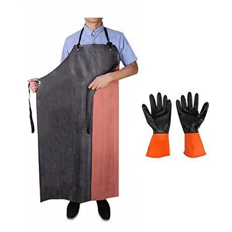 Rubber Apron Waterproof with Thick Rubber Gloves for Men and Women, Heavy Duty Butcher Apron with Adjustable Neck Pad, Chemical Aprons, Long TonLing