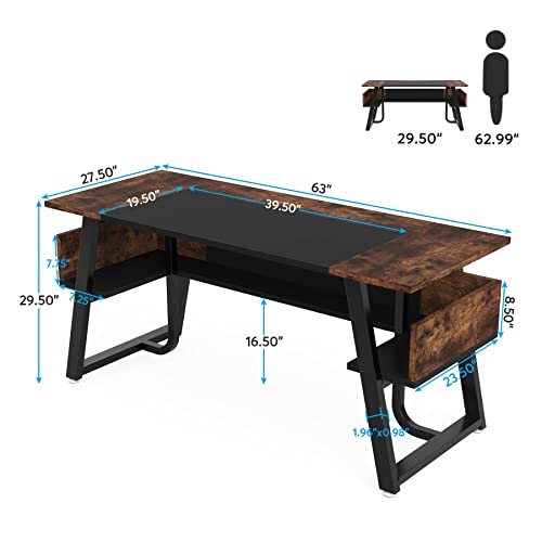 Tribesigns 63 Inches Desk with Bottom Shelves, Large Executive Desk, Computer Desk for Home Office, Business Workstation, Color Combination Table, Tribesigns