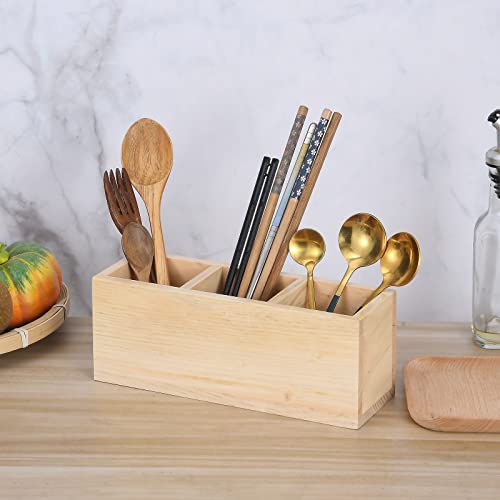 dedoot Wooden Pencil Holder Remote Holder, Unfinished 3 Compartment Wood Desk Organizers Drawer 3 Section, Rustic Remote Control Holder for dedoot