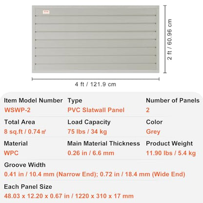 VEVOR Slatwall Panels, 4 ft x 1 ft Gray Garage Wall Panels 12"H x 48"L (Set of 2 Panels), Heavy Duty Garage Wall Organizer Panels Display for Retail