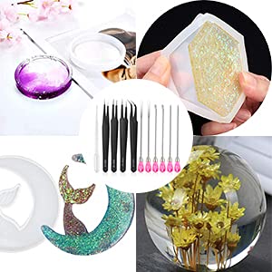 11 Pcs Silicone Resin Mold Tools Set, Tweezers Jewelry Making Kit, Stirring Needle Spoon Tool, Anti-Static Stainless Steel ESD Tweezers Precision Set Moocci