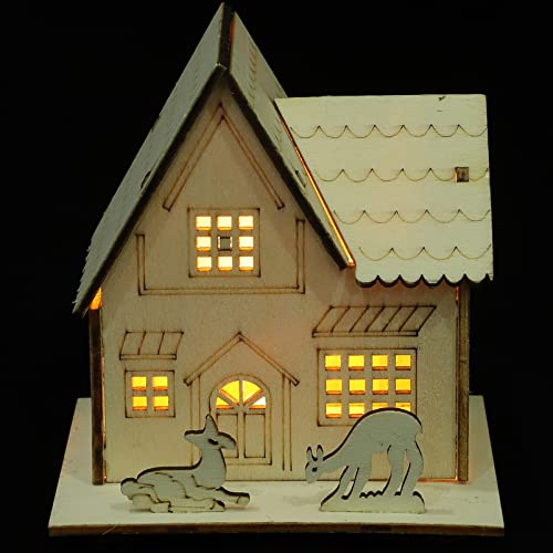 Toyvian 3pcs Christmas Led Light Wooden House with Battery, Unfinished Wooden Christmas Village Mini Houses Micro House Landscape Decors for