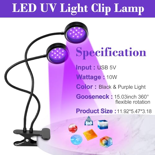 inShareplus Dimmable 395nm~405nm UV Resin Light with USB,10W Portable UV Dual Black Clamp Lights, Gooseneck Curing Lamp with Clip for UV Glue Resin - WoodArtSupply