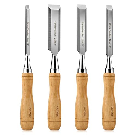 HUATMEC Wood Chisels Set of 4, Carbon Steel Beveled Edge Blade, Beech Handle for Woodingworking and Carving HT0315 HAUTMEC