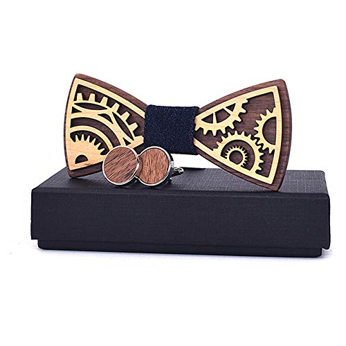 RTFGJ 3D Wooden Fashion Men's Women's Wooden Bow Tie Gear Carving Butterfly Tie Butterfly Shirt Wooden Bow Tie (Color : Black, Size : 59.5cm)