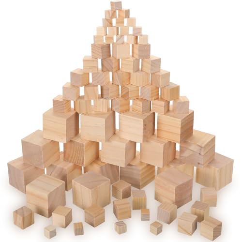 Poen 60 Pcs Wooden Blocks 0.6 Inch 1 Inch 2 Inch Unfinished Wooden Cubes Square Assorted Sizes Carving Natural Wood Blocks for Crafting for Arts