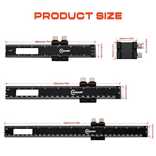 VICHSAMWY 3PCS Black Metal Woodworking Ruler, Adjustable 6/8/12 Inch Precision Pocket Slide Ruler,Inch and Metric Measuring Ruler for Woodworker VICHSAMWY