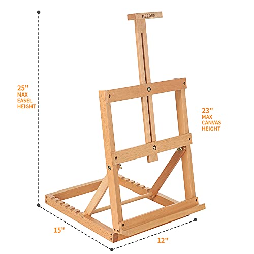 MEEDEN Heavy-Duty Tabletop Studio H-Frame Wooden Easel- Solid Beech Wood Adjustable Artists Desktop Wood Easel Table for Artist, Beginners & Teens- MEEDEN