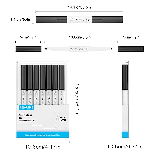 REALIKE Dual Tip Pens for Cricut Maker 3/Maker/Explore 3/Air 2/Air, Black Pens Set of 7 Pack Dual Tip Marker Fine Point Pen Writing Drawing - WoodArtSupply