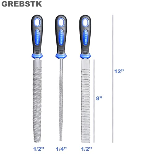GREBSTK 8" Wood Rasp File Set with Rubber Grip Wood Course Cut Rasp 3 PCS Set, Round, Half-Round, Flat File Rasp GREBSTK
