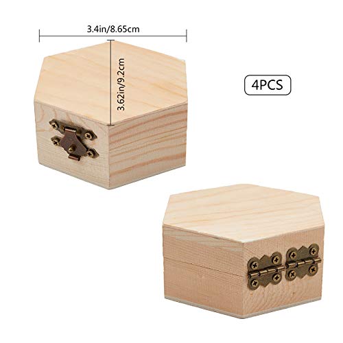 GORGECRAFT 4PCS Unfinished Wood Box Hexagon Wooden Storage Box with Hinged Lid and Front Clasp for DIY Easter Arts Hobbies Jewelry Box, 3.6 x 3.4 GORGECRAFT