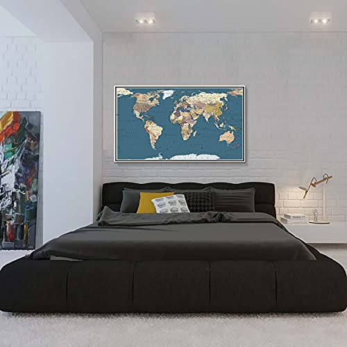 WELMECO Large Office Wall Decoration Detailed World Map Canvas Prints with Premium White frame Push Pins Travel Map of The World Picture Artwork for WELMECO