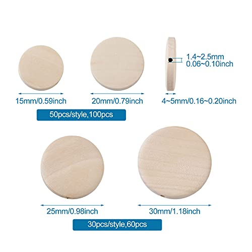 Craftdady 160pcs Unfinished Flat Round Wood Beads 15-30mm Blank Natural Wooden Circle Coin Disc Loose Beads for Jewelry Crafts Making Home Decoration Craftdady