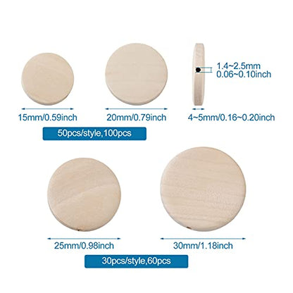 Craftdady 160pcs Unfinished Flat Round Wood Beads 15-30mm Blank Natural Wooden Circle Coin Disc Loose Beads for Jewelry Crafts Making Home Decoration