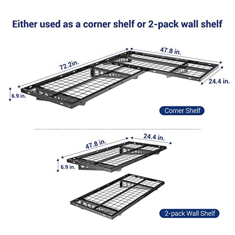 FLEXIMOUNTS 2-Pack 2x4ft Corner Wall Shelving Garage Storage Rack, 24-inch-by-48-inch Floating Shelves, Black FLEXIMOUNTS