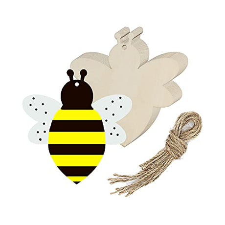 Creaides 20pcs Bee Wood DIY Crafts Cutouts Wooden Honey Bee Shaped Hanging Ornaments with Hole Hemp Ropes Gift Tags for Kids DIY Art Projects Bee Creaides