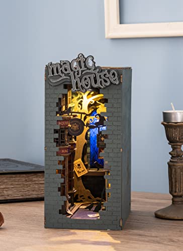 ROBOTIME DIY Book Nook Kit Decorative Booknook Bookshelf Insert Bookcase Book Stand 3D Wooden Puzzle DIY Miniature House Kit with LED Light Model Kit ROBOTIME
