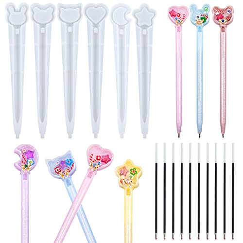 DIYBravo 6 Pcs Silicone Resin Cute Pen Molds, Star Bear Cat Bunny Moon Heart Head, UV Epoxy Resin Pen Casting Molds with 10 Black Refills for Kawaii DIYBravo