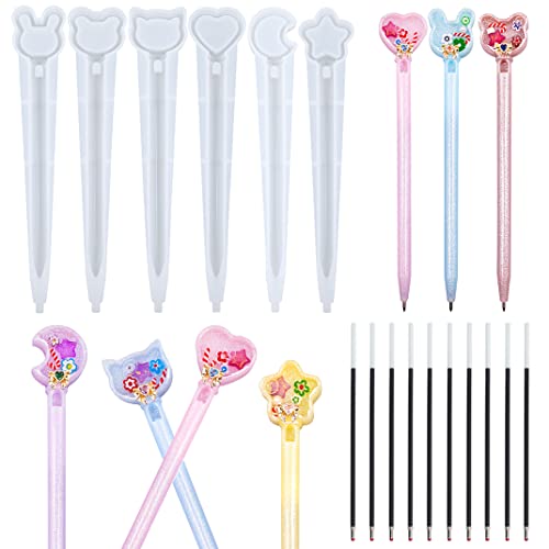 DIYBravo 6 Pcs Silicone Resin Cute Pen Molds, Star Bear Cat Bunny Moon Heart Head, UV Epoxy Resin Pen Casting Molds with 10 Black Refills for Kawaii - WoodArtSupply