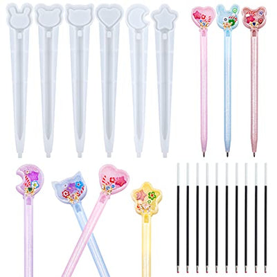 DIYBravo 6 Pcs Silicone Resin Cute Pen Molds, Star Bear Cat Bunny Moon Heart Head, UV Epoxy Resin Pen Casting Molds with 10 Black Refills for Kawaii