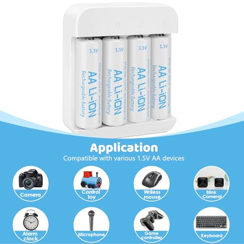 4 Pack 3600mWh Rechargeable 1.5V Lithium AA Batteries with Charger (4-Bay Independent Slot), Long Lasting Double A Size Battery for Blink Camera winbasic