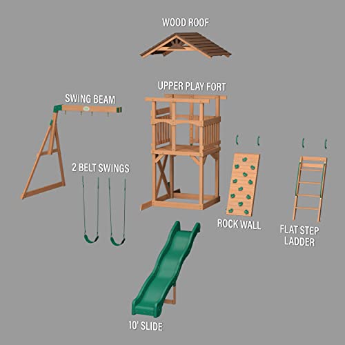 Backyard Discovery Lightning Ridge All Cedar Wooden Swing Set, Raised Clubhouse, 2 Belt Swings, 10 Inch Wave Slide, Ladder, Climbing Rock Wall Brown Backyard Discovery
