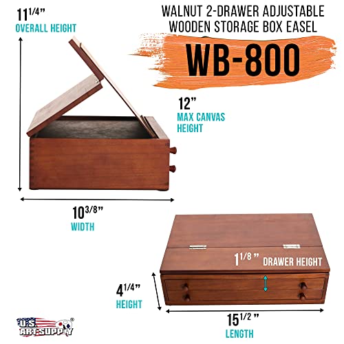 US Art Supply Walnut 2-Drawer Adjustable Wooden Storage Box with Fold Up Solid Drawing Easel US Art Supply