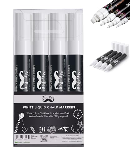 Mr. Pen- White Chalk Markers, 4 Pack, Dual Tip, 8 labels, White Liquid Chalk Marker, For Non-porous Surfaces, Chalk Markers, White Dry Erase Markers, Mr. Pen