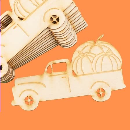 Pack of 12 Unfinished Wood Fall Pickup Trucks - Made in USA - Harvest Pumpkin Truck Wooden Shapes for Autumn, Thanksgiving Halloween, Decorations, Factory Direct Craft