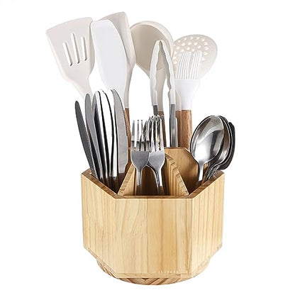 Sumnacon Wood Utensil Caddy, 360° Rotatable Silverware Caddy for Kitchen, Durable Silverware Holder with Removable Divider for Spoons, Forks, Knives,