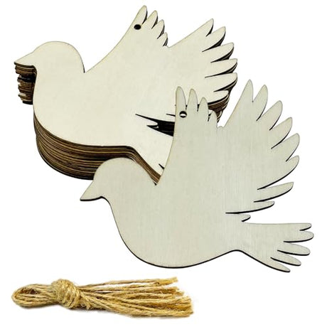 30pcs Unfinished Bird Wood DIY Crafts Cutouts Wooden Peace Dove Bird Shaped Hanging Ornaments with Hole Hemp Ropes Gift Tags for Wedding Birthday JEKEJIAJIU
