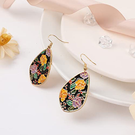 Bohemian Drop Flower Earrings for Women Colorful Floral Pattern Epoxy Resin Tie Dye Lightweight Elegant Vintage Teardrop Dangle Earrings Boho IDEAJOY