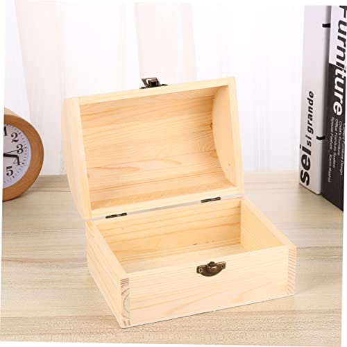VOSAREA Wooden Case Jewelry Storage Wooden Treasure Chest Wooden Jewelry Unfinished Pine Wood Craft Case Organizer Wood Case Arched Lock Case Manual VOSAREA