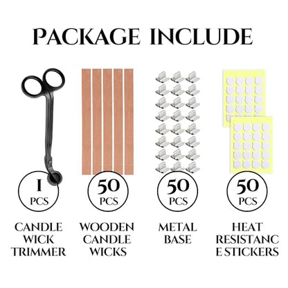 BELMAKS 151PCS Candle Making Set – Wooden Candle Wicks with Metal Base for Candle Making Smokeless Wood Wicks for Candles with Candle Wick Trimmer