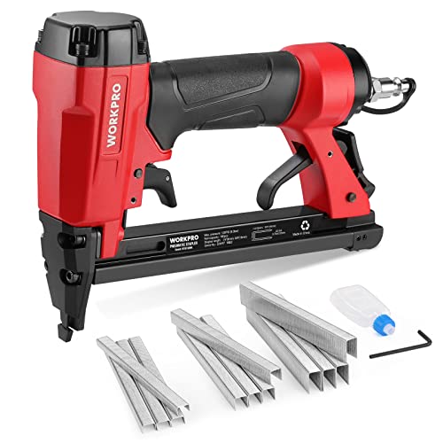 WORKPRO 7116 Pneumatic Staple Gun, 22 Gauge Upholstery Stapler with 1884pcs Staples 1/4"to 5/8", Air-Powered, Rear Exhaust, for Carpentry, WORKPRO