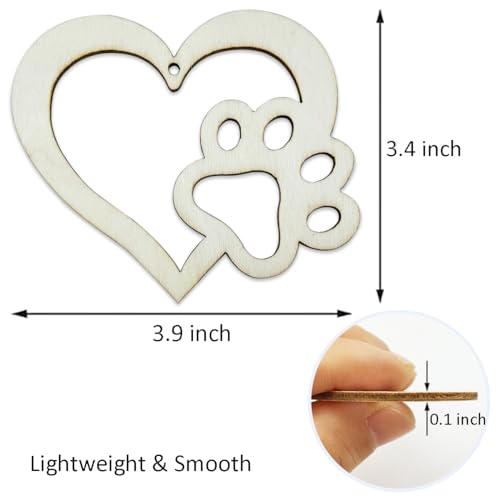 30pcs Dog Paw Heart Wood DIY Crafts Cutouts Wooden Cat Claw Heart Shaped Hanging Ornaments for DIY Projects Dog Pets Themed Party Decorations