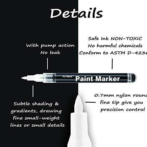 FLYMAX Black Paint Pen, 6 Pack 0.7mm Acrylic Black Permanent Marker for  Glass Ceramic Rock Leather Plastic Stone Metal Canvas Enamel Waterproof
